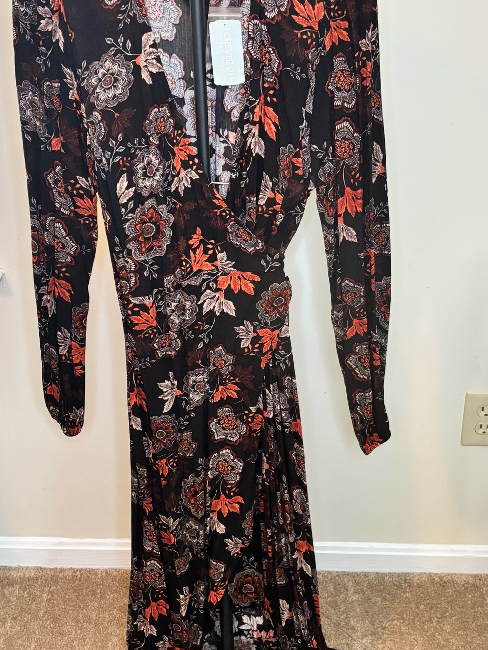 Forever 21 Black Floral High-Low Dress with Rust and Cream Details
